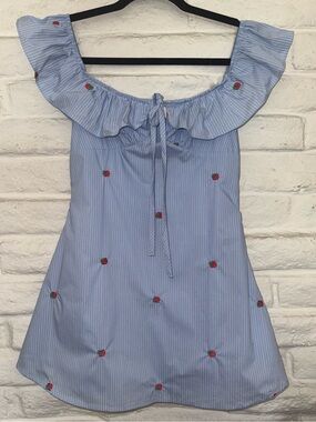 Peppermayo Blue Pinstriped Sundress with Strawberry Motif